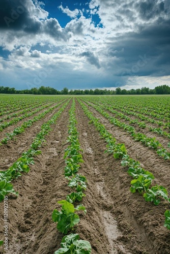 Lush green crop field under a dramatic sky with distant trees.