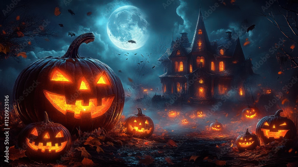 Halloween Night Scenery with Pumpkins Haunted House Full Moon Full of Mystery and Fear Halloween Night Scenery with Pumpkins Haunted House Full Moon Full of Mystery and Fear