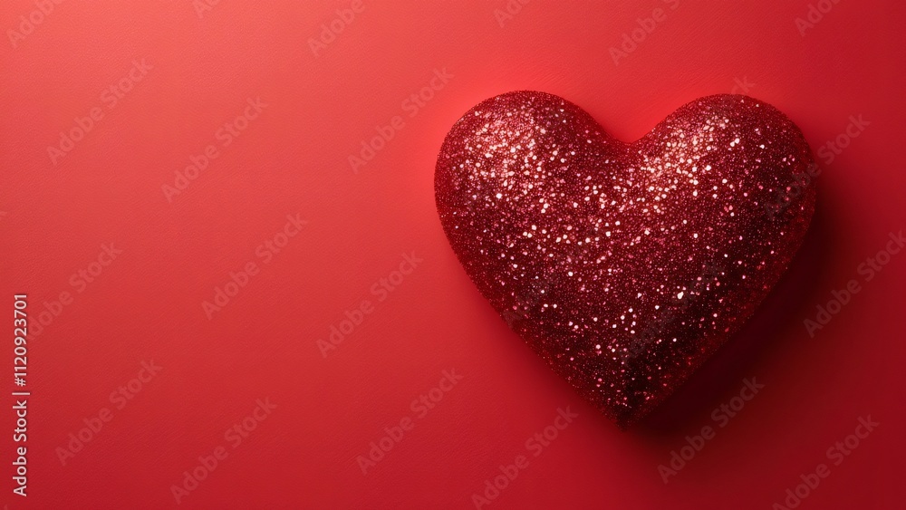 Red Glittery Heart Valentine's Day Card Design, Minimalist Flat Lay Top View with Copy Space Red Glittery Heart Valentine's Day Card Design, Minimalist Flat Lay Top View with Copy Space