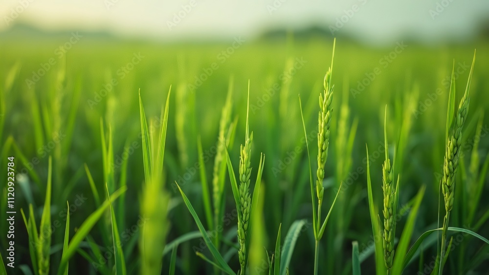 Close-up of Lush Green Rice Seedlings Growing in a Vibrant Paddy Field Close-up of Lush Green Rice Seedlings Growing in a Vibrant Paddy Field