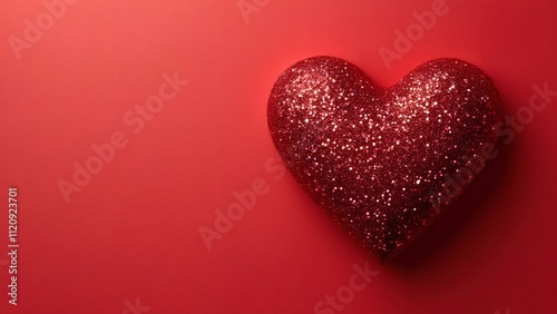 Red Glittery Heart Valentine's Day Card Design, Minimalist Flat Lay Top View with Copy Space