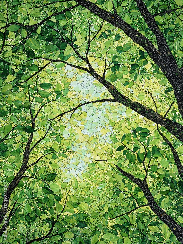 Fototapeta premium A vibrant forest canopy of green foliage and branches transforms sunlight into a dappled mosaic, providing a diverse habitat that showcases nature's intricate relationships.