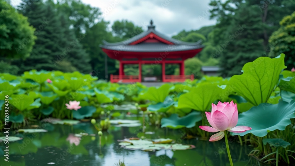 Serene Hokkaido Lotus Pond, Sapporo Park Landscape with Red Pavilion Serene Hokkaido Lotus Pond, Sapporo Park Landscape with Red Pavilion