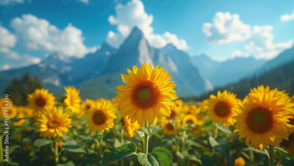 Vibrant Sunflower Field in Full Bloom with Majestic Mountain Background, A Stunning Nature Scene