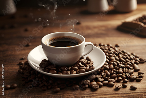 Empty Coffee Cup Mockup, Placed on a Rustic Table With Coffee Beans Scattered Around, Warm Tones