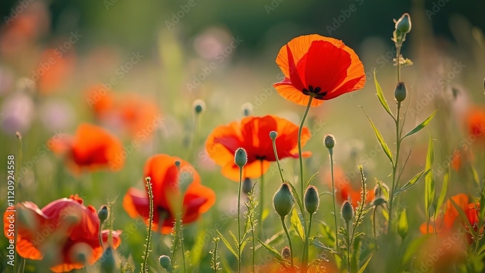 Obraz premium Vibrant Red Poppies in a Summer Field, Close-up Photography of Blooming Flowers