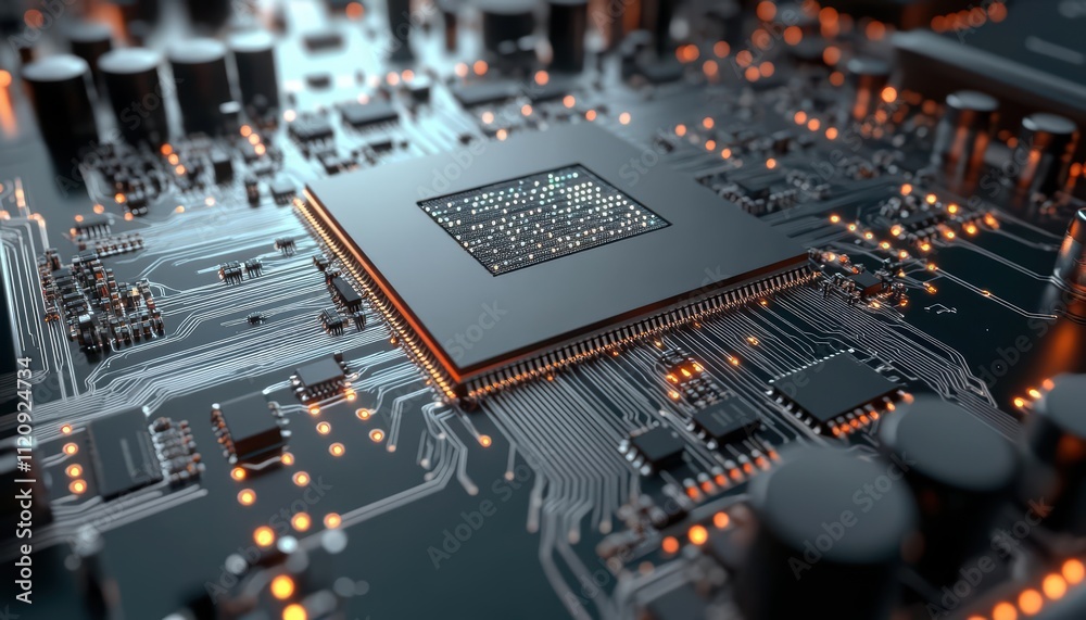 Close-up of a microprocessor on a circuit board with glowing connections. Close-up of a microprocessor on a circuit board with glowing connections.