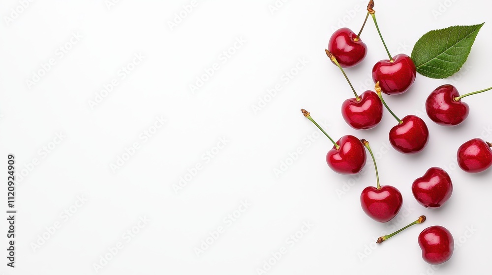 Fresh and Juicy Red Cherries Arranged on a Bright White Background with a Green Leaf, Ideal for Food Photography and Seasonal Illustrations Fresh and Juicy Red Cherries Arranged on a Bright White Background with a Green Leaf, Ideal for Food Photography and Seasonal Illustrations