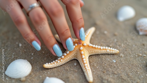 Wallpaper Mural Close-up of Woman's Hand with Light Blue Manicure Gently Touching a Starfish on Sandy Beach, Surrounded by White Shells Torontodigital.ca