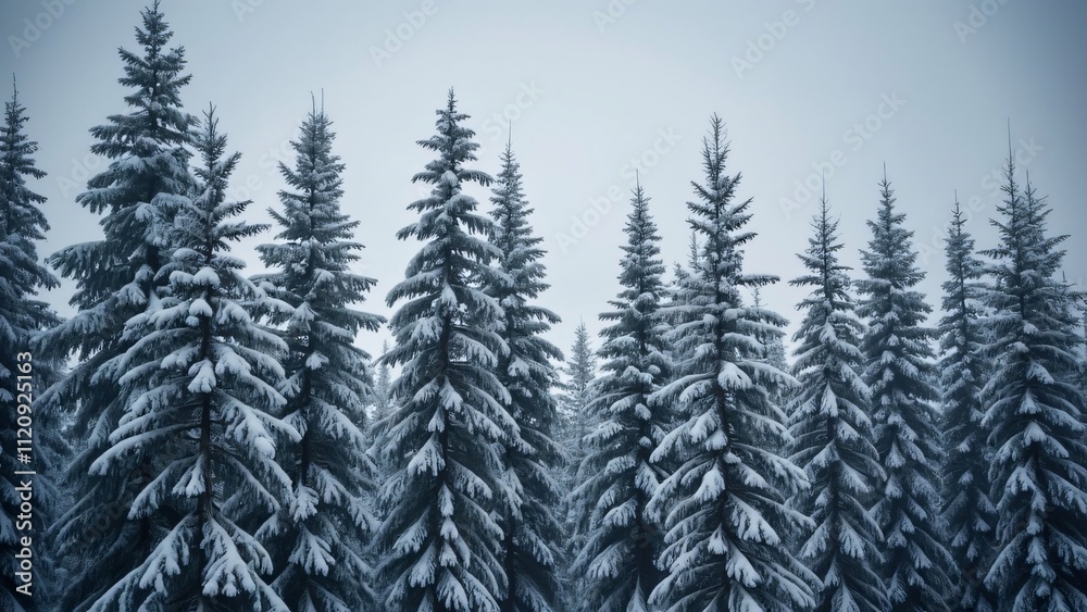 Obraz premium Majestic Snow-Covered Pine Forest, Low-Angle Winter Wonderland Scene