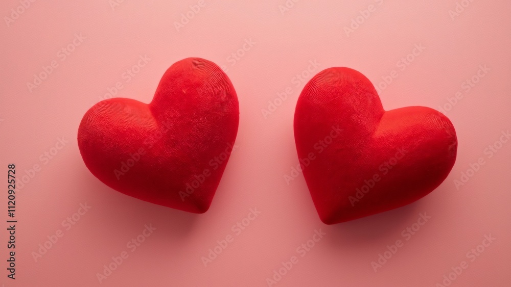 Romantic Valentine's Day, Two Red Velvet Hearts on Pink Background - Flat Lay Studio Photography Romantic Valentine's Day, Two Red Velvet Hearts on Pink Background - Flat Lay Studio Photography