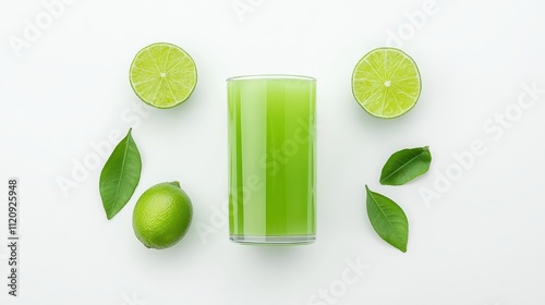 Refreshing Green Beverage Surrounded by Fresh Lime Halves and Bright Green Leaves on a Clean White Surface for Healthy Lifestyle, Detox, and Refreshment Themes photo