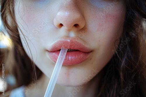 Young woman with voluminous lips sipping from a straw