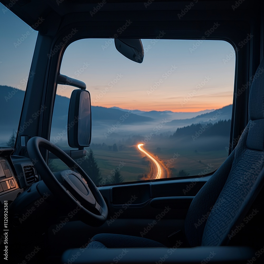 Fototapeta premium Truck valley road concept. Truck interior with scenic mountain view at dawn.