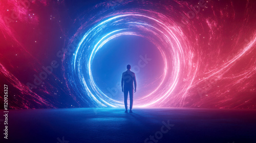 A figure stands before a vibrant portal of light and energy.