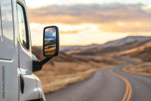 Truck valley road concept. Truck mirror reflecting sunset on a winding road.