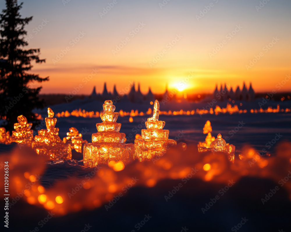 Fototapeta premium Frozen sculptures illuminated by sunset in a winter landscape.