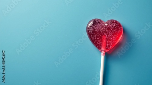 Vibrant Red Heart Lollipop on Blue Background, High-Resolution Valentine's Day Product Photography