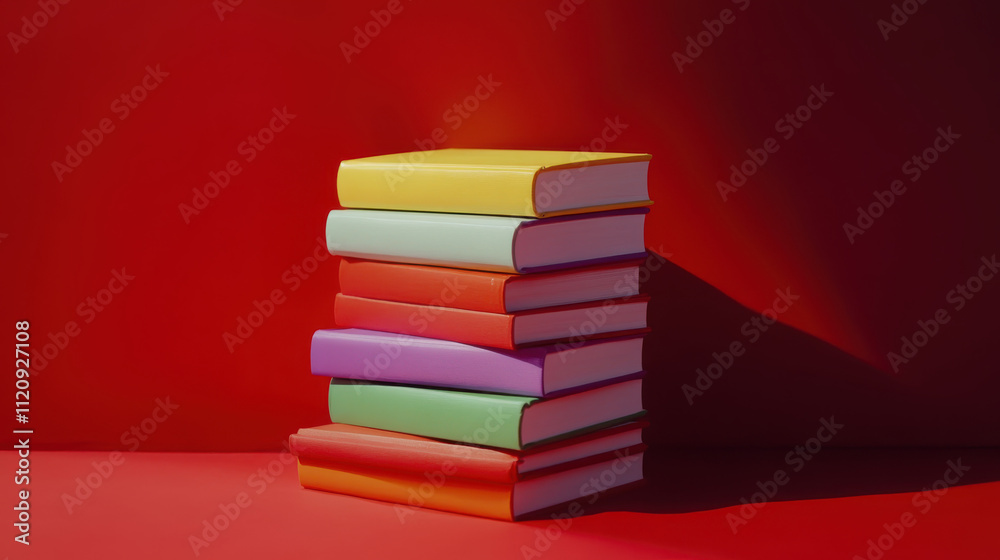 Colorful books stacked on vibrant red background create striking visual Colorful books stacked on vibrant red background create striking visual
