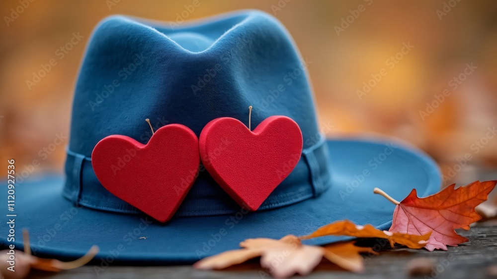 Fototapeta premium Romantic Autumn Scene, Blue Hat Adorned with Two Red Hearts, Nestled Among Fallen Leaves