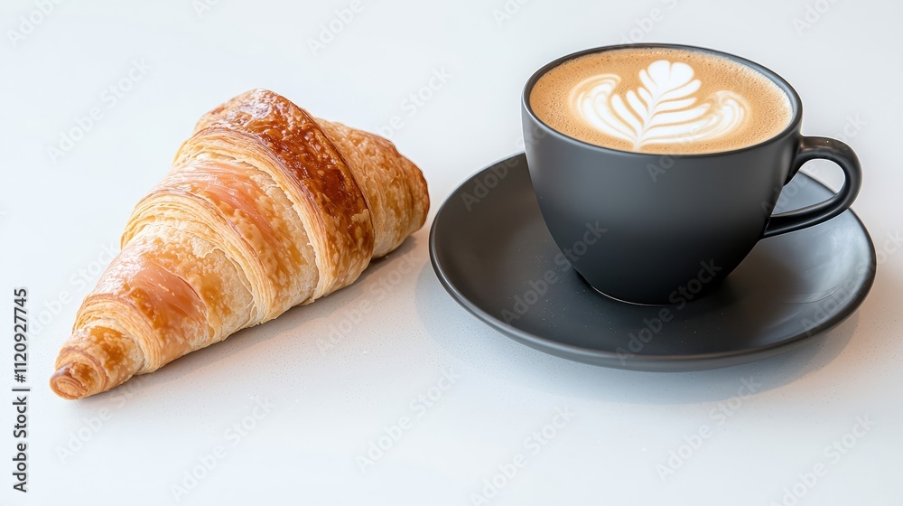 Freshly Baked Croissant and a Perfectly Crafted Coffee with Artful Latte Design on a Minimalistic Table Setting for Gourmet Food Lovers Freshly Baked Croissant and a Perfectly Crafted Coffee with Artful Latte Design on a Minimalistic Table Setting for Gourmet Food Lovers