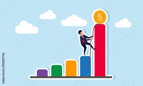 A businessman climbs the highest graph using a rope aiming to reach the dollar coin, illustration of efforts to stabilize business company finances