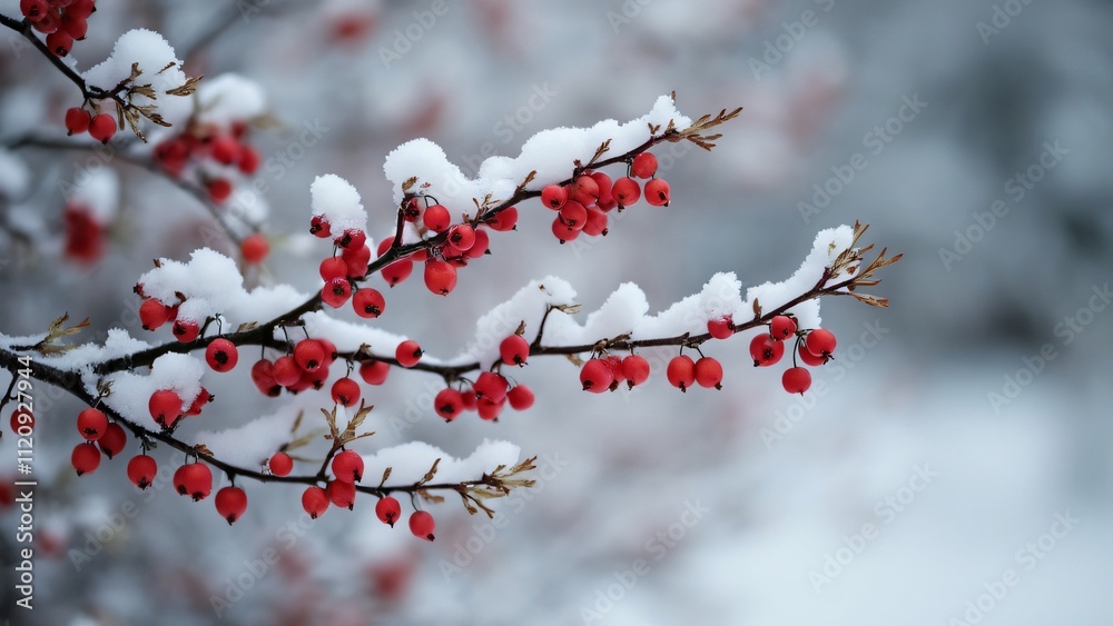 Snow-Covered Barberry Branches with Red Berries, Winter Wonderland Photography Snow-Covered Barberry Branches with Red Berries, Winter Wonderland Photography