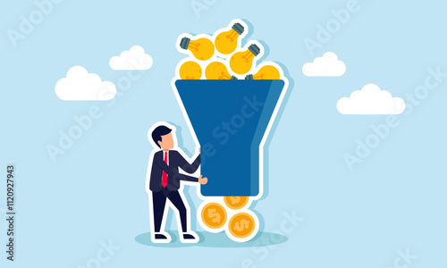 A businessman stands next to a machine that can turn a lamp into a dollar coin, illustration of implementing business ideas and innovations to increase revenue and company income