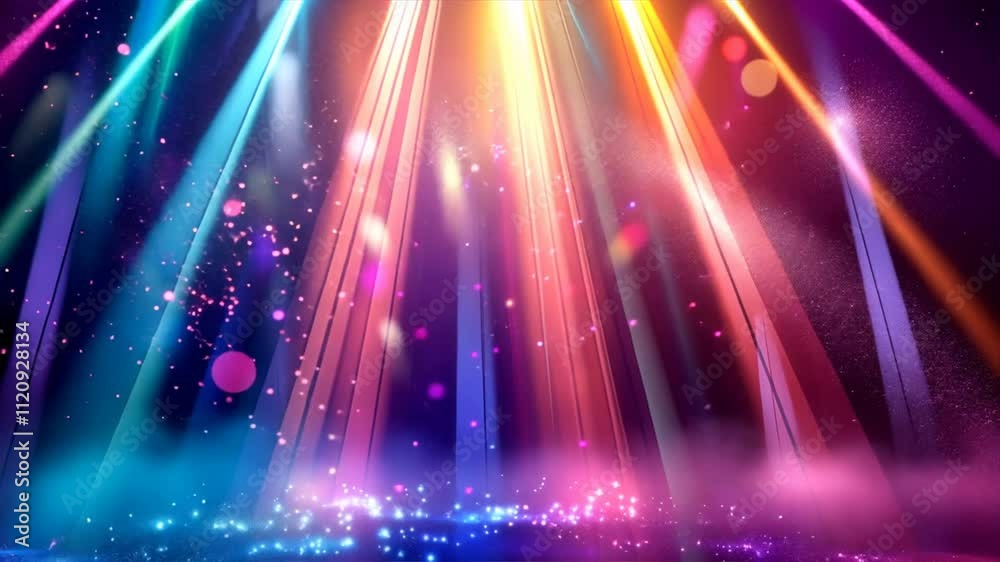 Colorful light beams shining in dark space create vibrant atmosphere filled with sparkling particles, offering dreamy effect perfect for backgrounds and festive events.