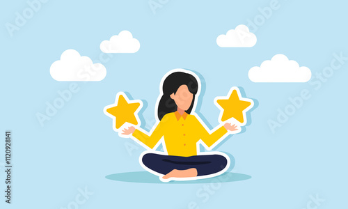 A businesswoman meditates while holding stars in both hands, illustration of contemplating ways to improve business ratings and quality