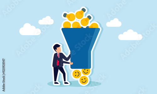 A businessman stands next to a machine that can turn a lamp into a happy emoticon, illustration of applying ideas and innovations effectively to boost revenue and income