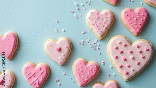 Romantic Valentine's Day, Pink & White Heart-Shaped Sugar Cookies on Pastel Blue Background