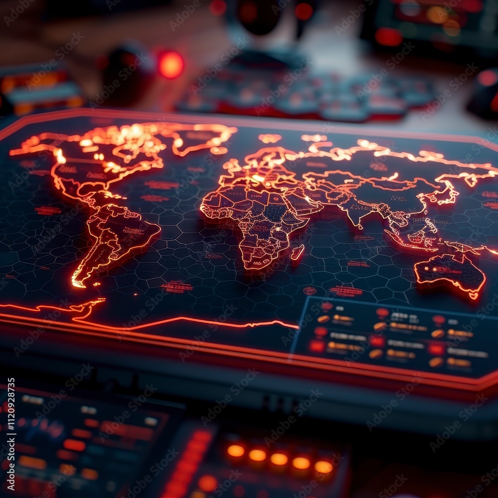 Obraz premium Global Network Map Futuristic Technology Digital World Illuminated Map