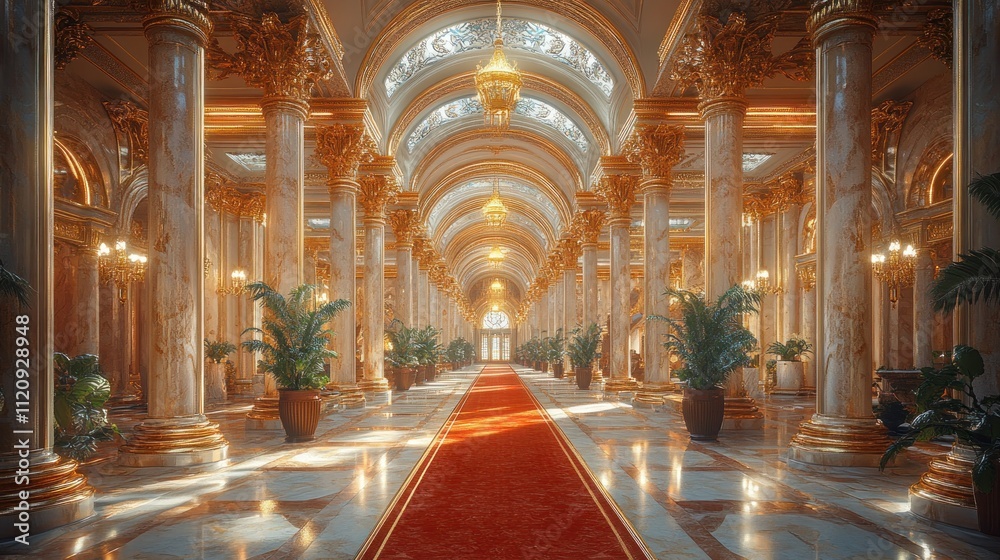 Obraz premium Elegant hallway with marble columns and red carpet 