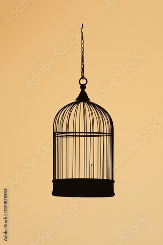 A silhouetted birdcage hanging against a soft gradient background.