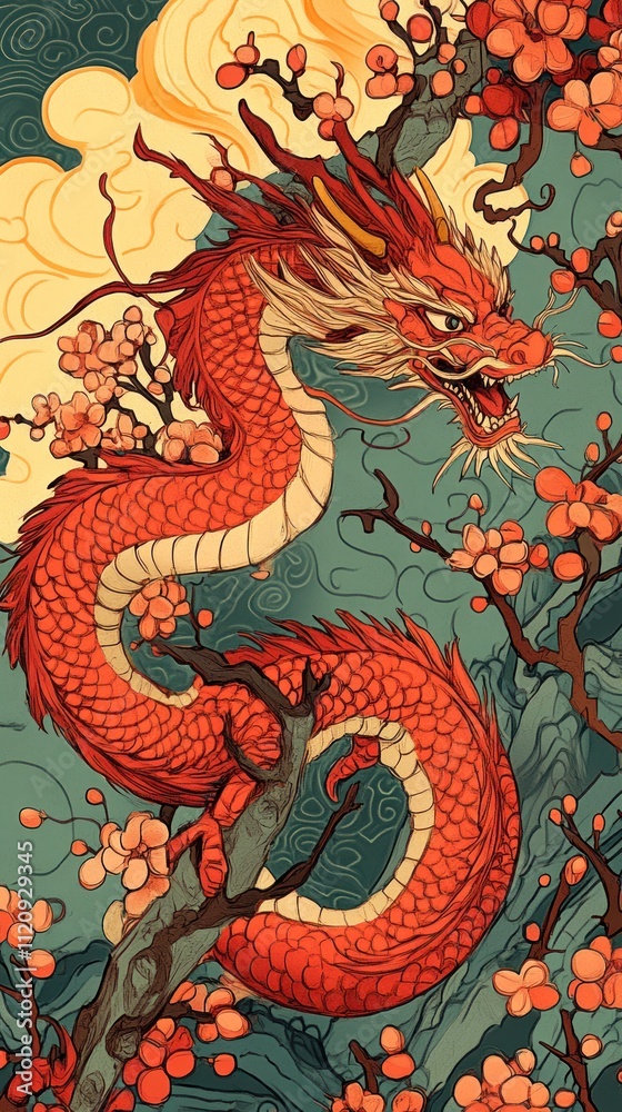 A Red Dragon Among Peach Blossoms In An Artistic Style A Red Dragon Among Peach Blossoms In An Artistic Style