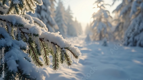 Stunning Close-Up of Snow-Covered Pine Branches in a Sunlit Winter Forest