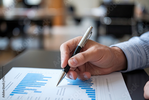 Hand holding a pen over bar charts and statistical data photo