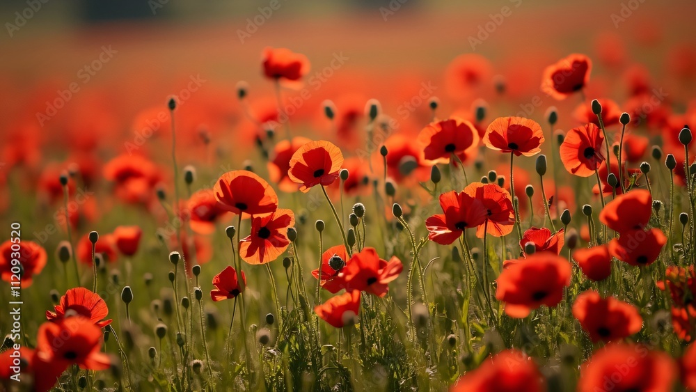 Obraz premium WWI Remembrance, A Sea of Red Poppies in Full Bloom, Macro Photography of Hope and Remembrance