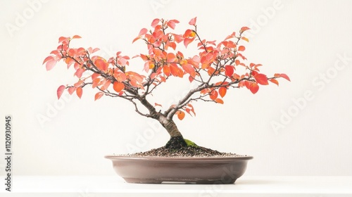 Detailed bonsai with autumn colors, isolated on white, focus on leaves and branches, natural lighting