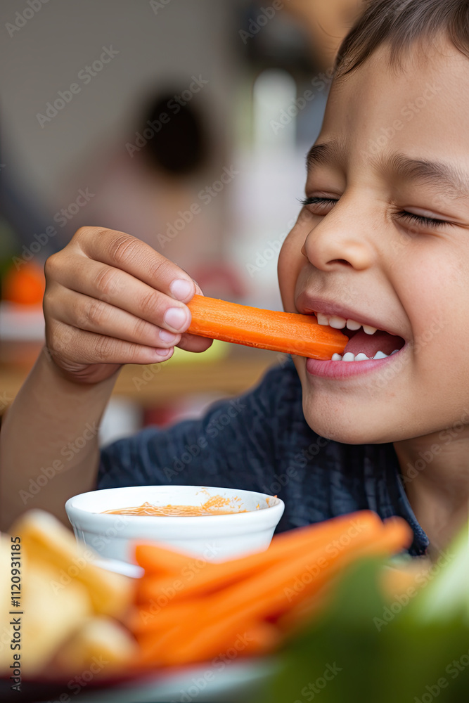 Boy happily eating carrot sticks with a small dip on the side Boy happily eating carrot sticks with a small dip on the side