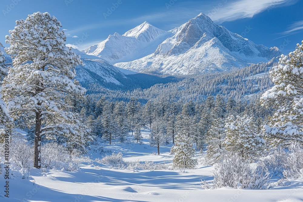 Snow-covered pine forest with towering trees, snow-capped mountain peaks, and serene blue sky, breathtaking winter landscape. Snow-covered pine forest with towering trees, snow-capped mountain peaks, and serene blue sky, breathtaking winter landscape.