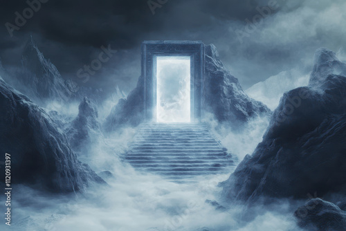 Mystical gateway in a foggy mountain landscape with glowing portal and surreal atmosphere photo