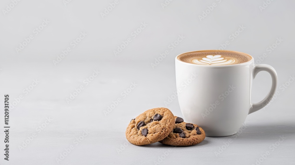 Warm Cup of Coffee with Beautiful Foam Art Beside Delicious Chocolate Chip Cookies on a Light Gray Surface Ideal for Cozy Mornings or Afternoon Treats Warm Cup of Coffee with Beautiful Foam Art Beside Delicious Chocolate Chip Cookies on a Light Gray Surface Ideal for Cozy Mornings or Afternoon Treats