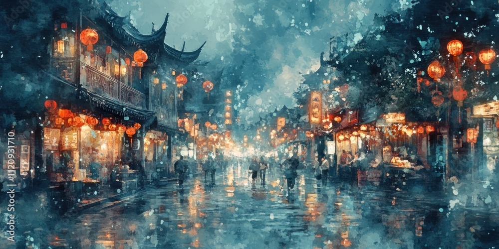 A Rainy Night Scene In A Lantern Lit Asian City Street A Rainy Night Scene In A Lantern Lit Asian City Street
