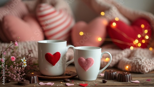 Romantic Valentine's Day Still Life, Coffee Mugs, Hearts, and Chocolates