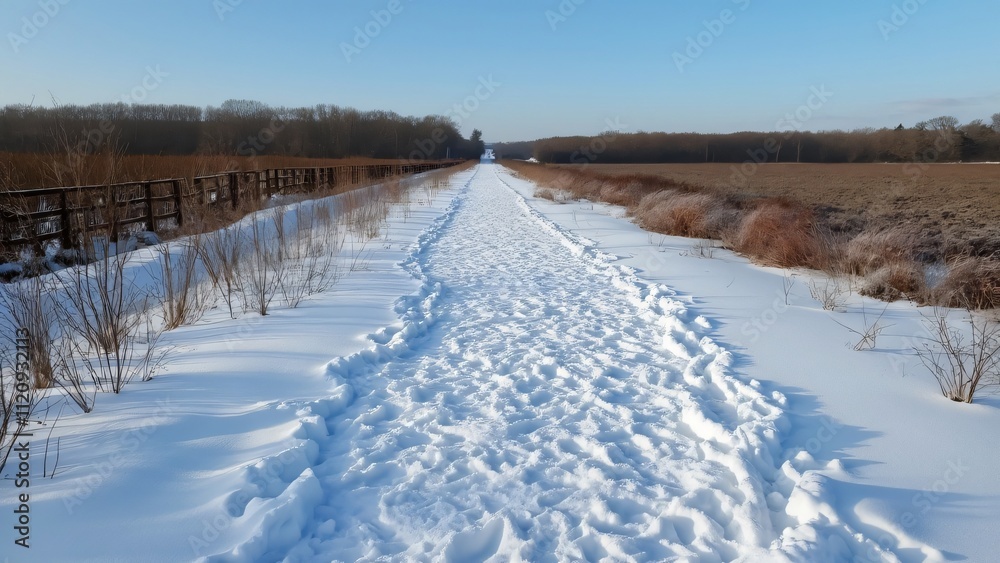 Snowy Winter Trail, Footprints in Deep Snow, Wooden Fence, and Winter Wonderland Scenery Snowy Winter Trail, Footprints in Deep Snow, Wooden Fence, and Winter Wonderland Scenery