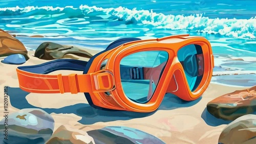 A pair of vibrant orange snorkeling goggles resting on a sandy beach by the ocean.