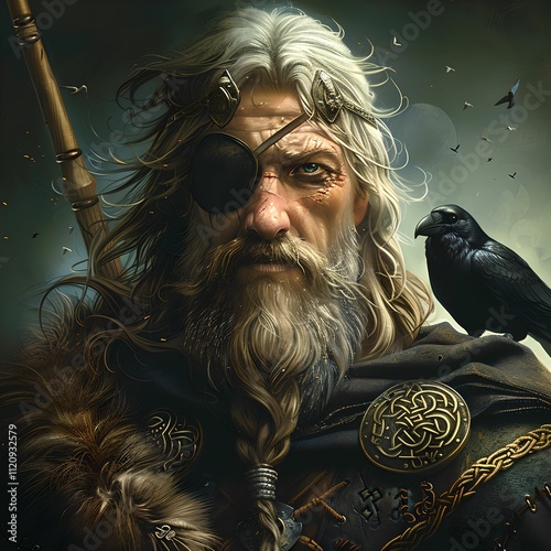 Weathered Norse chieftain with wise, piercing gaze and vigilant ravens, embodying ancient wisdom, mythic gravitas, and the timeless authority of old gods and runic legacies