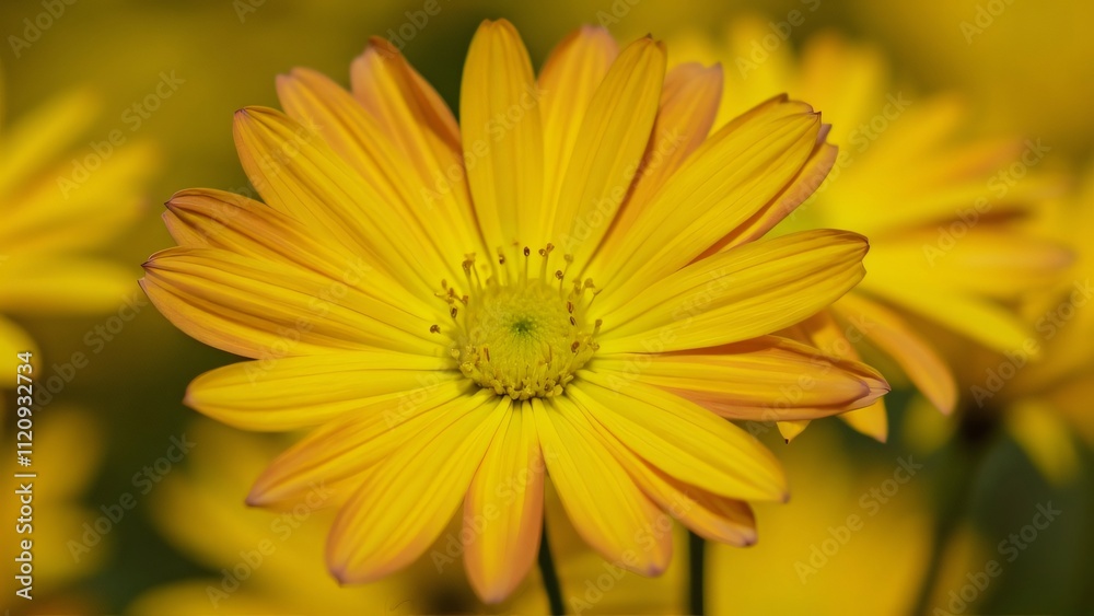 Vibrant Yellow Daisy Flower Close-up, Detailed Petals and Stamens, Soft Blurred Background Vibrant Yellow Daisy Flower Close-up, Detailed Petals and Stamens, Soft Blurred Background